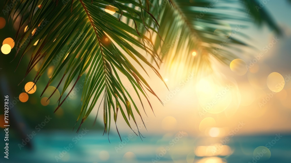 Beautiful nature blur, green palm leaves on the beach with bokeh lights, sun, abstract background, copy space. Vintage tone.