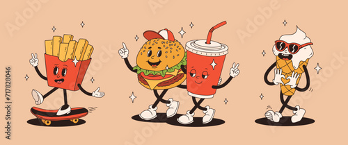 Set of fast food retro groovy cartoon character. Vintage mascot of burger with french fries on skateboard, soda and ice cream with glasses with happy smile. Funky street food illustration photo