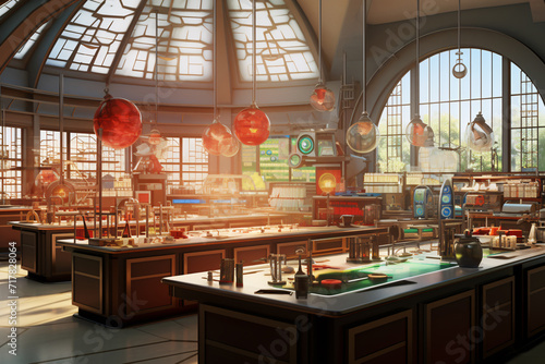 Science Laboratory Scene, Beakers, Flasks, Tubes, and Chemicals