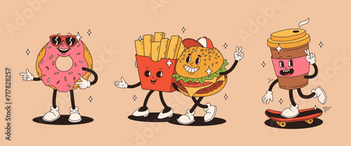Set of fast food retro groovy cartoon character. Vintage mascot of burger with french fries, donut in glasses, and coffee to go on skateboard with happy smile. Funky street food illustration