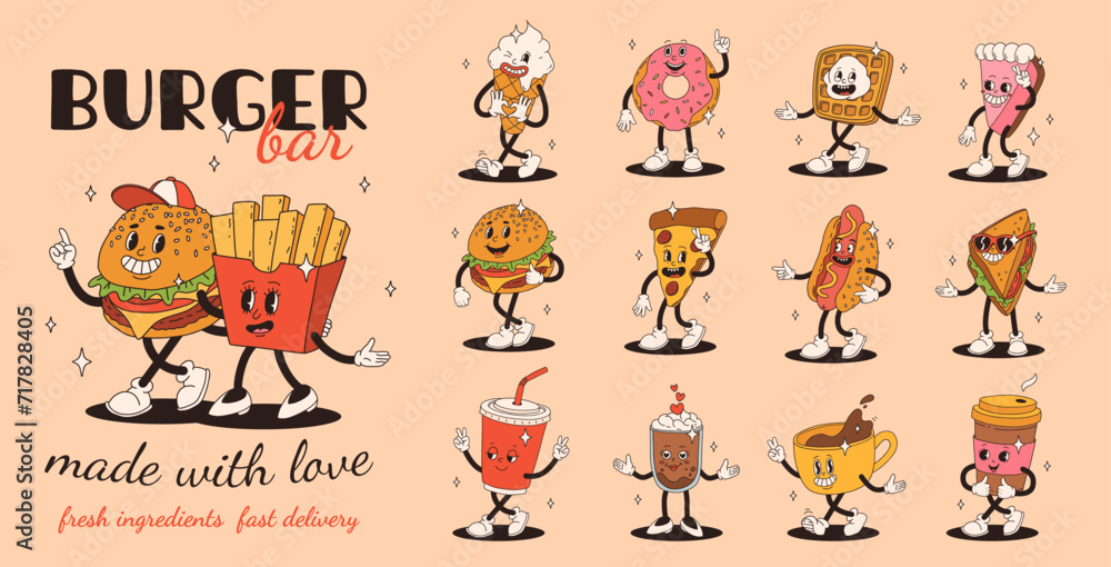 Obraz premium Set of fast food retro groovy cartoon character. Vintage mascot of burger, pizza, hot dog, ice cream, french fries, coffee to go, donut and soda with happy smile. Funky street food illustration