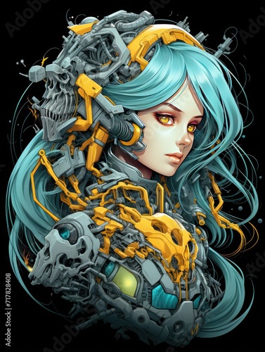 Mecha samurai Necro, Demon, skull, evil, hell, anime girl, illustration. Print for T-shirts and poster	