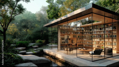 Glass-walled library with a reading room that overlooks a tranquil garden, offering a peaceful and inspiring place to relax and read