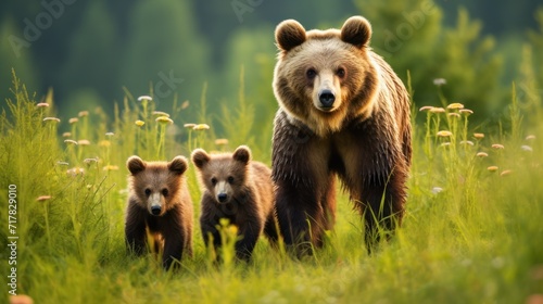 Brown bear, mother and two cubs on green field Wild animals in summer nature © venusvi