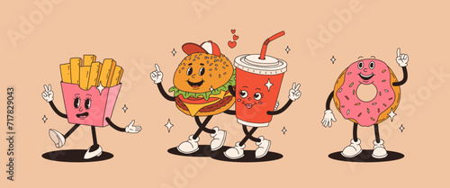 Set of fast food retro groovy cartoon character. Vintage mascot of burger, pizza, hot dog, ice cream, french fries, coffee to go, donut and soda with happy smile. Funky street food illustration