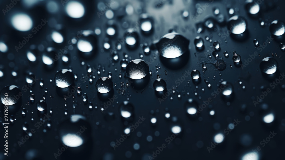 Closeup of water drops sliding on wet surface. Dark black background. Generative AI Closeup of water drops sliding on wet surface. Dark black background. Generative AI