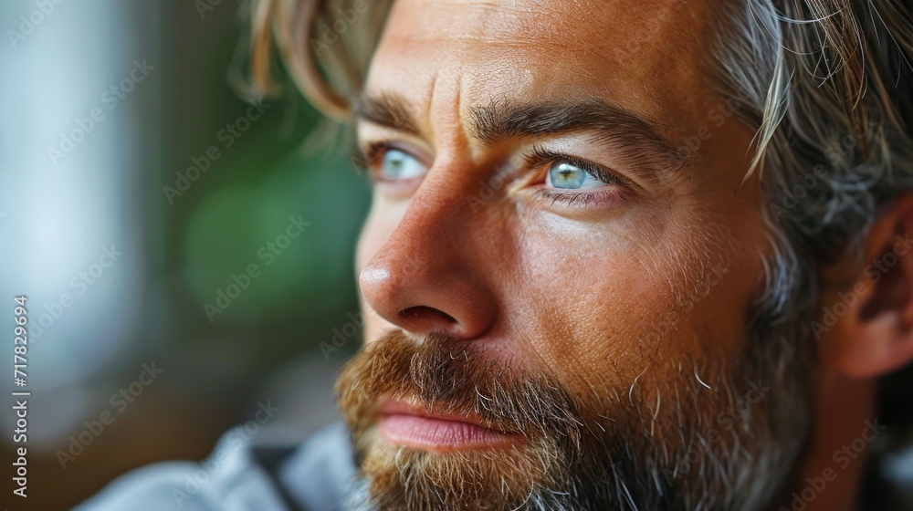 Intense close-up of a mature man with grey hair and a contemplative gaze.