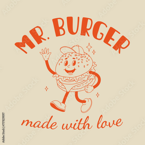Retro mascot of walking burger in hat, smiling and waving hand. Vintage style 70s, 60s, 50s character. Groovy logo for bakery, burger bar and restaurants, made with love