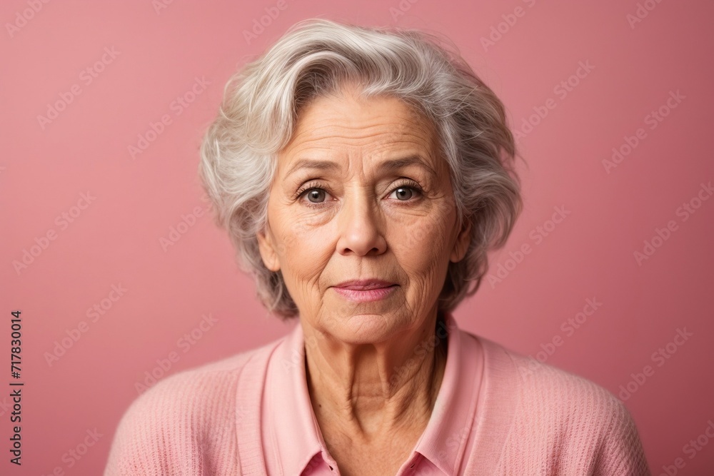 Portrait of beautiful happy senior woman surprised at camera over pink background. AI generated Portrait of beautiful happy senior woman surprised at camera over pink background. AI generated