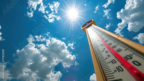 Climate. Low angle view. Thermometer on blue sky with sun shining in summer showing increasing temperature. photo