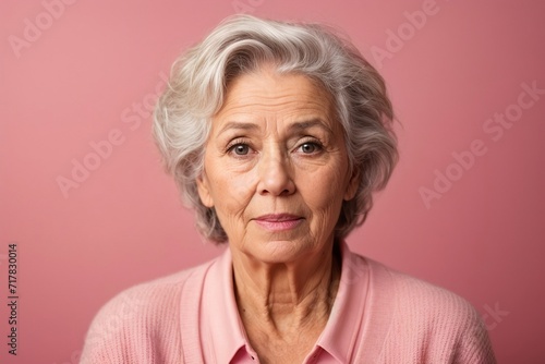 Portrait of beautiful happy senior woman surprised at camera over pink background. AI generated © Aisylu