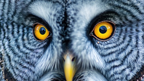 Close-up of a gray owl's round yellow eyes.