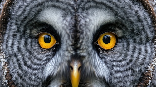 Close-up of a gray owl's round yellow eyes. © venusvi