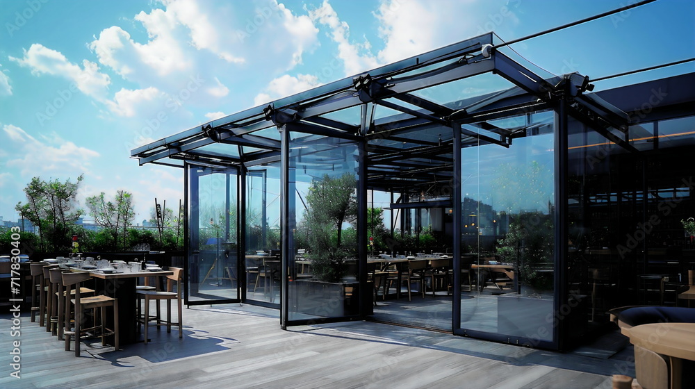 Obraz premium A restaurant with glass walls and a retractable roof that, on nice days, opens up to the sky to provide an outdoor seating area