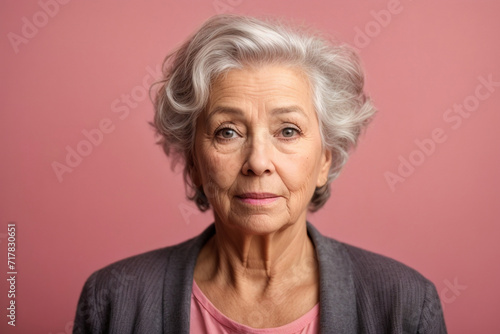 Portrait of beautiful happy senior woman surprised at camera over pink background. AI generated