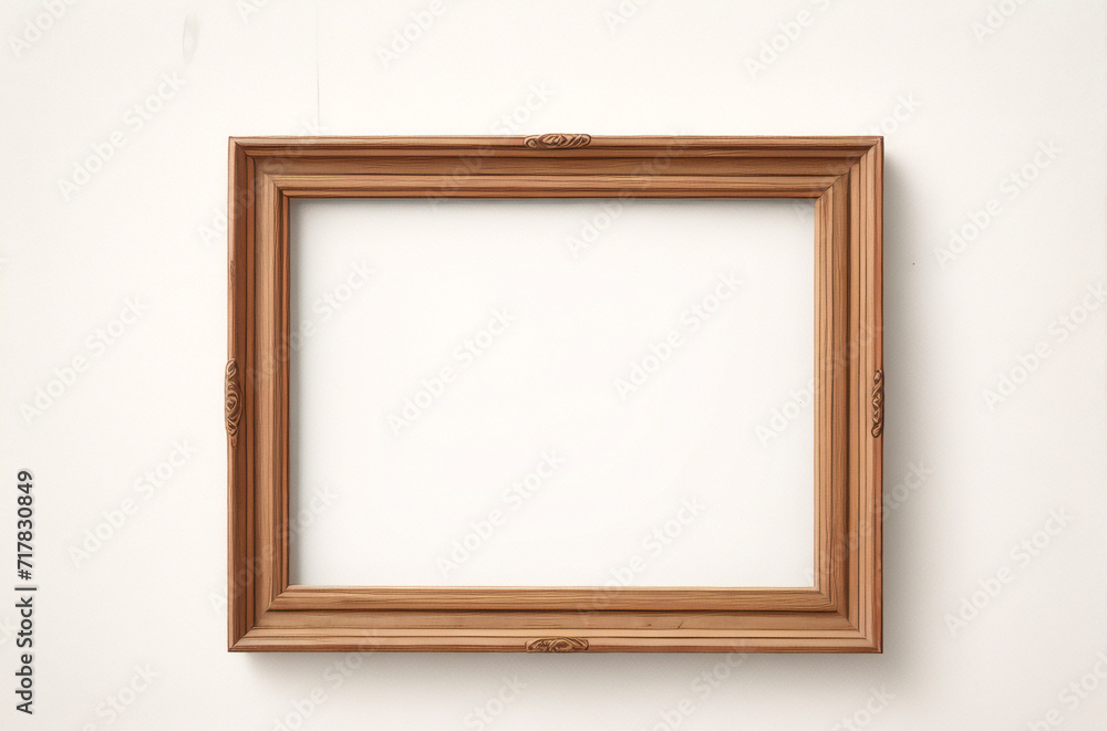 Marco vertical rectangular fino de madera clara colgado en una pared con textura blanca, plano, vista superior, ilustración 3D. Marco vertical rectangular fino de madera clara colgado en una pared con textura blanca, plano, vista superior, ilustración 3D.
