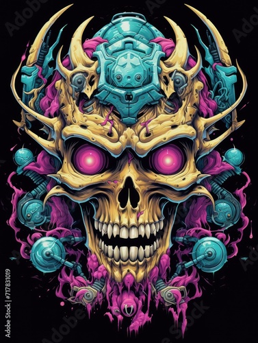 Mecha samurai Necro, Demon, skull, evil, hell, anime girl, illustration. Print for T-shirts and poster	