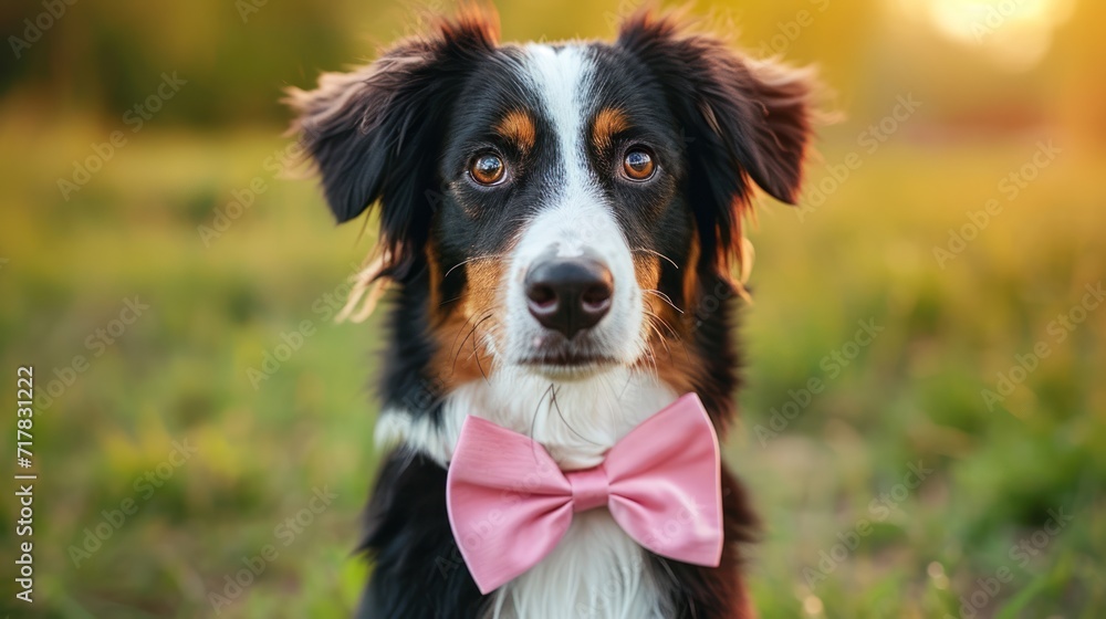 Cute Australian Shepherd dog tied with a pink bow