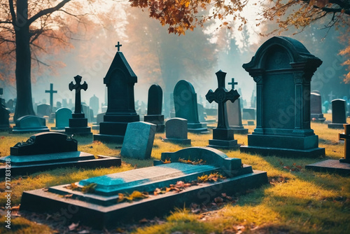 Colorful fantasy cemetery, supernatural eccentric burial ground tombstones graveyard photo