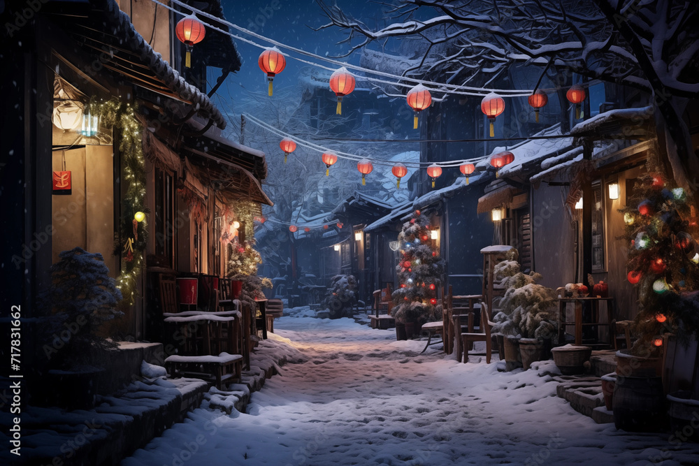 the stunning view of small street of village in winter is decorated to welcome lunar new year ai generative