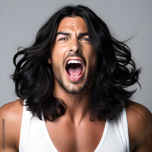 person screaming, Angry man, sexy man, long-haired man, model, boyfriend, freelancer, actor, muscle man, sports, protesting man,Generative AI