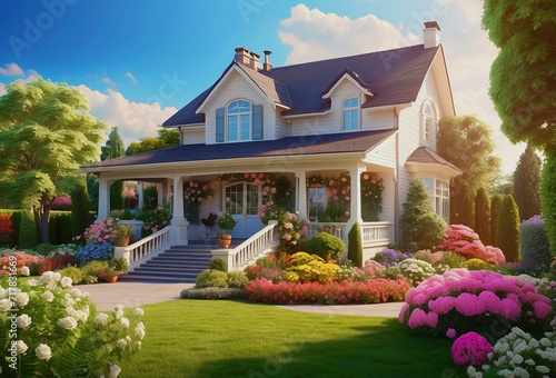 Illustration of a house with a beautiful garden. AI-generated. #717831669