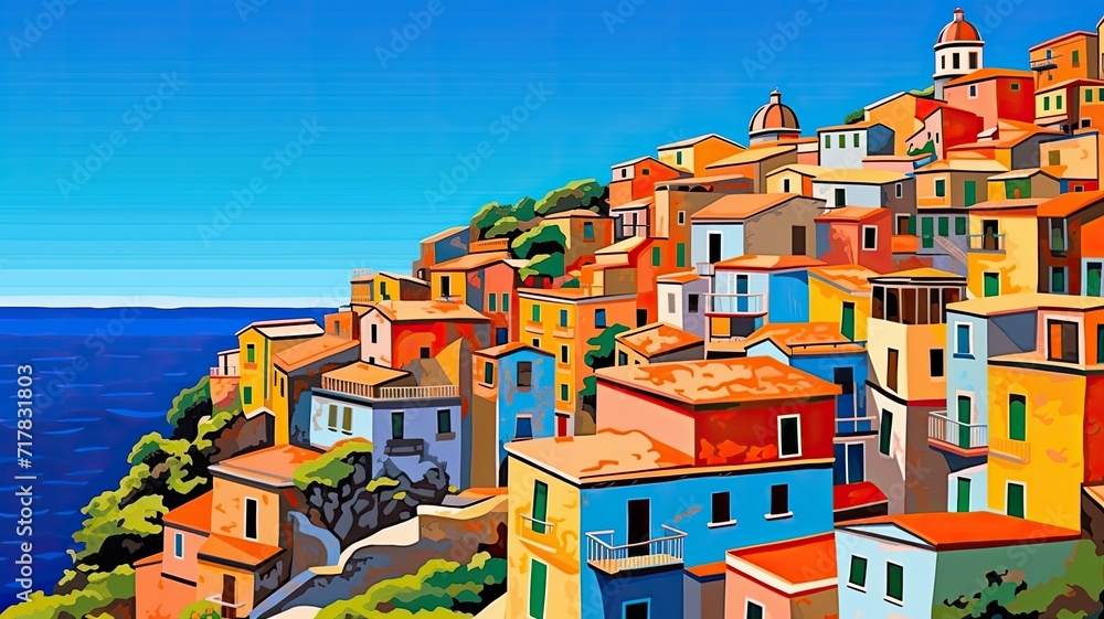 cartoon illustration of coastal villages with colorful buildings.