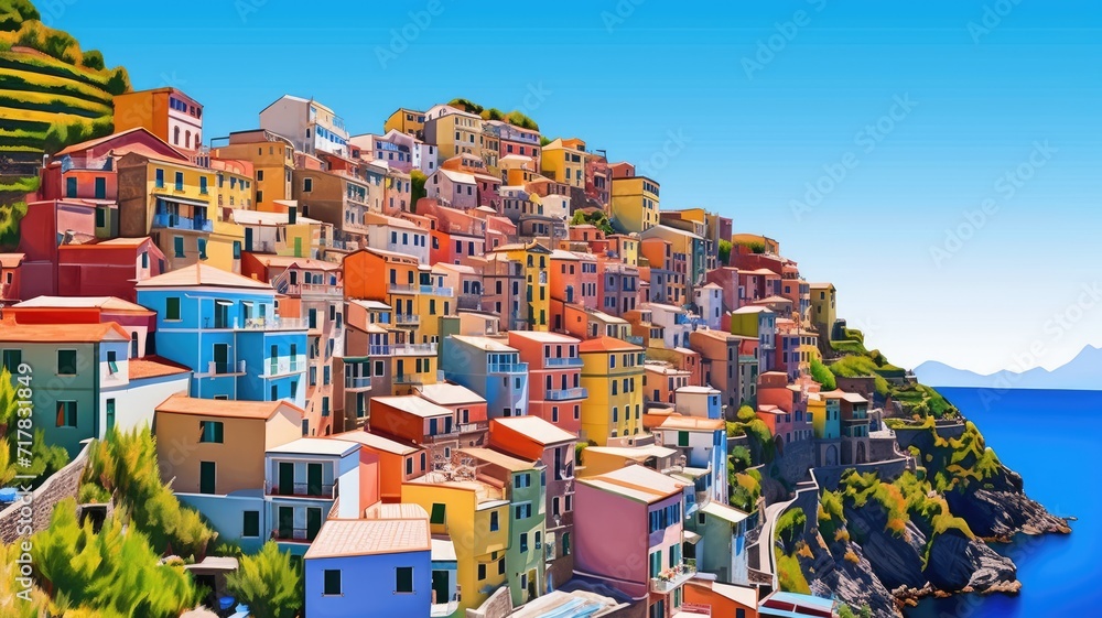 cartoon illustration of coastal villages with colorful buildings. - obrazy, fototapety, plakaty 