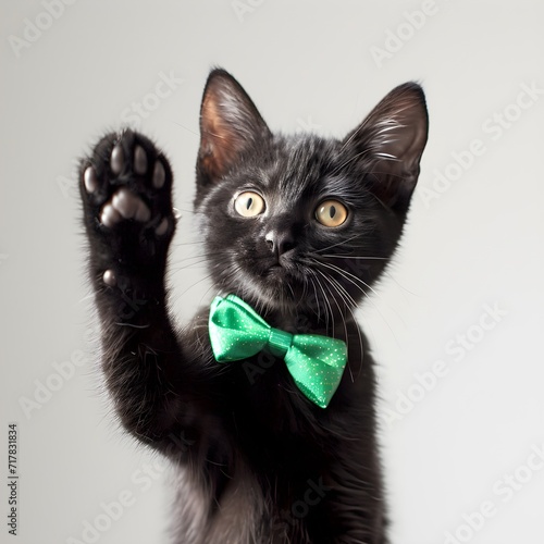 black kitten with green bow tie isolated on white background waving with her little paw cute cat