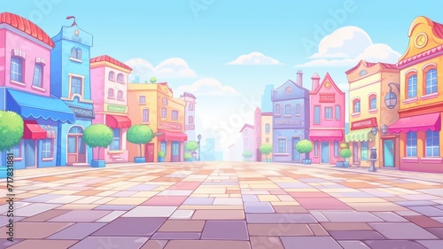 cartoon illustration of city square background, filled with colorful buildings that resemble candy and sweets. photo