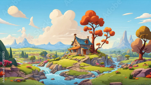 cartoon landscape with wooden home  photo