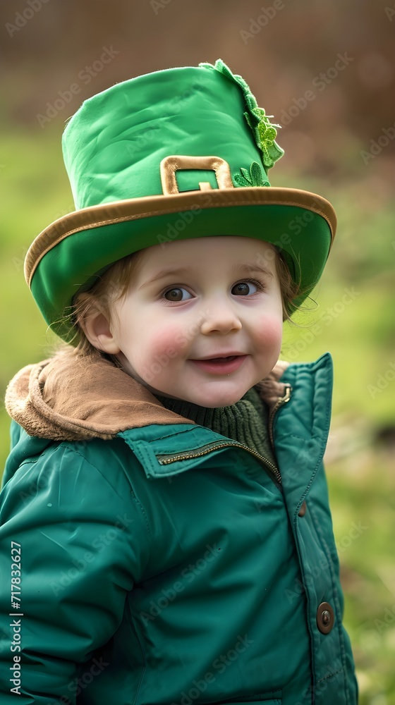 Little girl wearing a leprechaun hat and green jacket outdoors Little girl wearing a leprechaun hat and green jacket outdoors