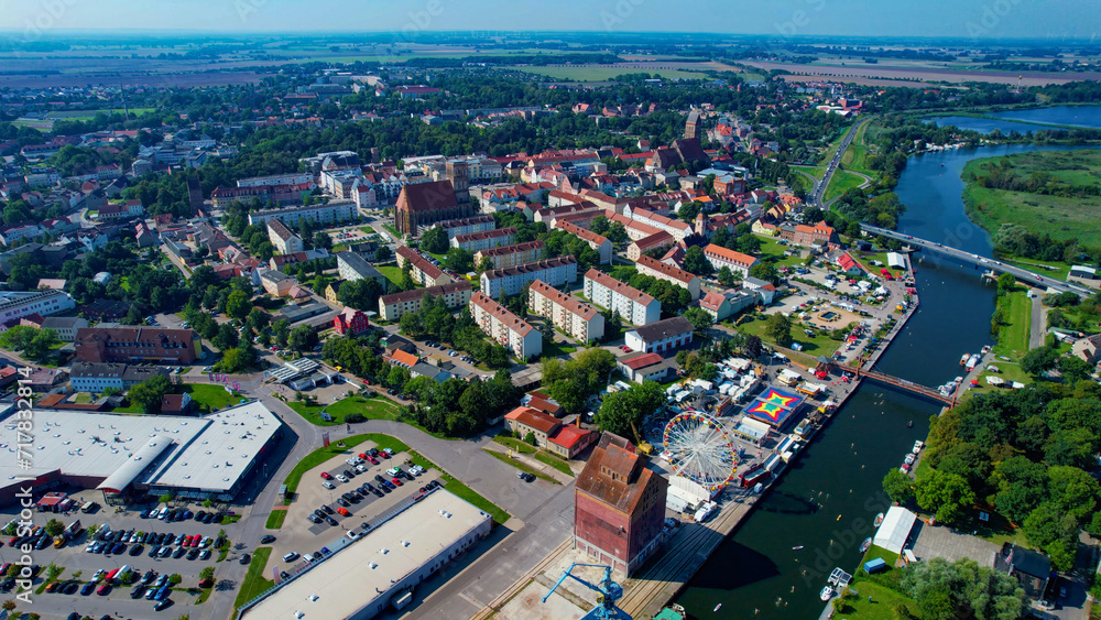 Aerial view around the town Anklam in Germany on a sunny day in summer
