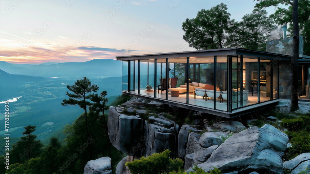 Perched on a rocky ledge, this contemporary mountain residence features a living area with glass walls that provide sweeping views of the surrounding valley and far-off mountain ranges