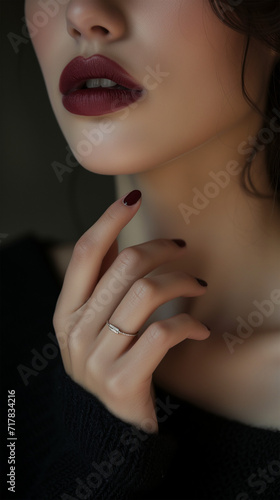 Jewelry ring mockup on woman hand closeup. Fashion beauty female lips piercing mockup