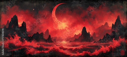 Red Moon Rising: A Blood Moon Eclipse in the Ocean Generative AI