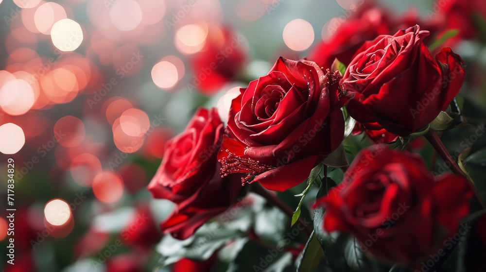 Close up of red roses bouquet on blurred sparkling backdrop. Love romantic concept. Valentine's day. Generative AI