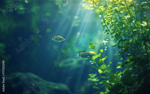 Background illustration portraying fish swimming in water with shades of green, capturing the serene ambiance of an oceanic environment © KristinArt