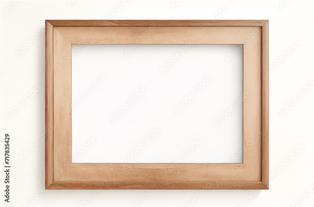 Marco vertical rectangular fino de madera clara colgado en una pared con textura blanca, plano, vista superior, ilustración 3D. Marco vertical rectangular fino de madera clara colgado en una pared con textura blanca, plano, vista superior, ilustración 3D.