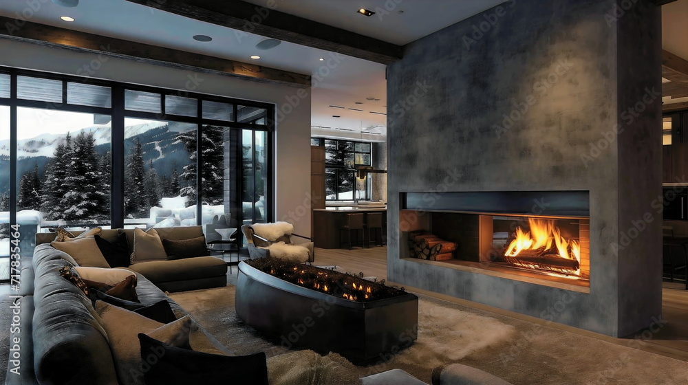 A contemporary mountain residence featuring an internal fireplace that adds a touch of rustic beauty and warmth on chilly nights