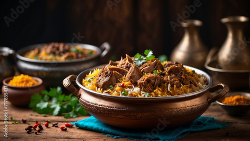 aromatic essence of traditional lamb biryani in a side-view shot, beautifully presented on a rustic wooden table the layers of fragrant rice photo