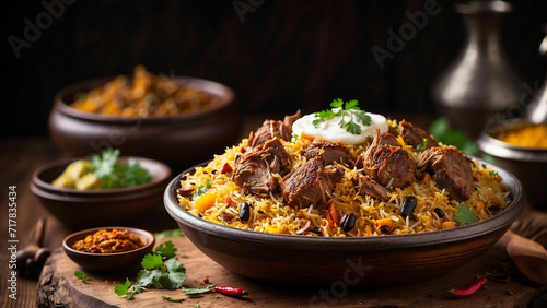 aromatic essence of traditional lamb biryani in a side-view shot, beautifully presented on a rustic wooden table the layers of fragrant rice