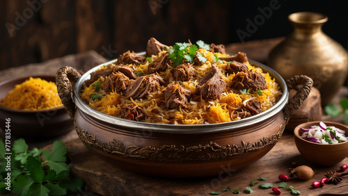 aromatic essence of traditional lamb biryani in a side-view shot, beautifully presented on a rustic wooden table the layers of fragrant rice