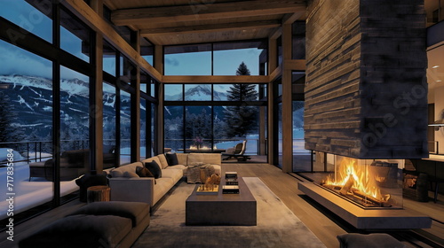 A contemporary mountain residence with a fireplace that adds a touch of rustic character to the inside while providing warmth and atmosphere on chilly nights © Darko