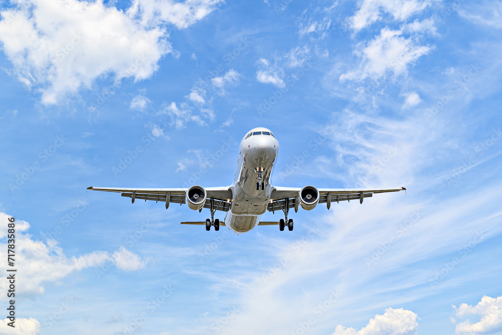 Fototapeta premium Airbus A321 passenger plane landing at the airport, under a blue sky with white clouds