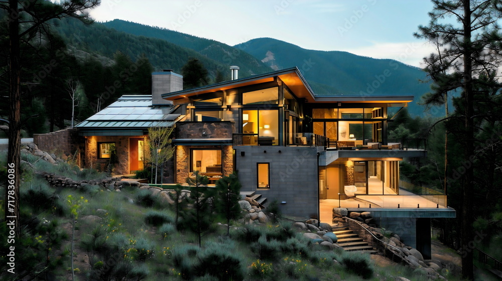 An eco-friendly and sustainable getaway is created by a contemporary mountain home equipped with a geothermal heating system that harnesses the warmth of the soil to provide energy.