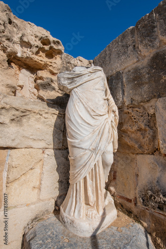 Columns and ruins in the ancient city of Salamis in Cyprus. Salamis Ruins, Famagusta, Turkish Republic of Northern Cyprus, CYPRUS. Tourist area of ​​the ruins of the city of Salamis.