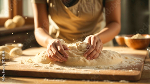 Mothers hands expertly kneading bread dough on a wooden table photo