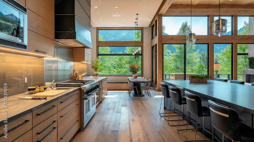 A modern mountain home with a gourmet kitchen that inspires creativity and culinary exploration, incorporating natural materials and modern appliances A modern mountain home with a gourmet kitchen that inspires creativity and culinary exploration, incorporating natural materials and modern appliances