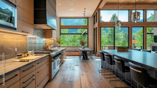 A modern mountain home with a gourmet kitchen that inspires creativity and culinary exploration, incorporating natural materials and modern appliances